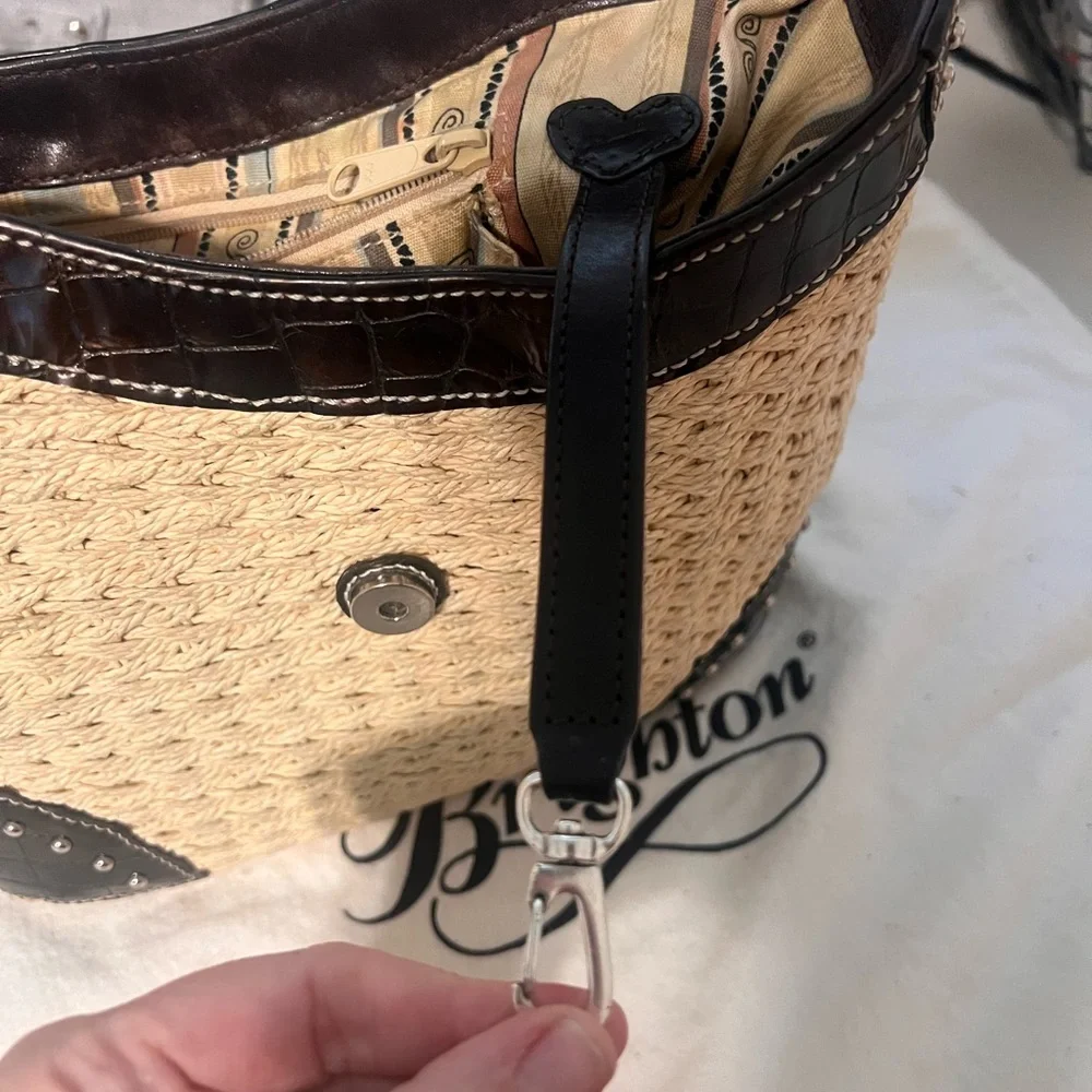 Brighton Raffia and Croc Embossed Studded Shoulder Bag